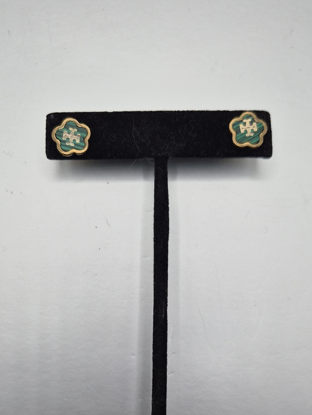 Tory Burch Green and Gold Enamel Logo Stud Earrings